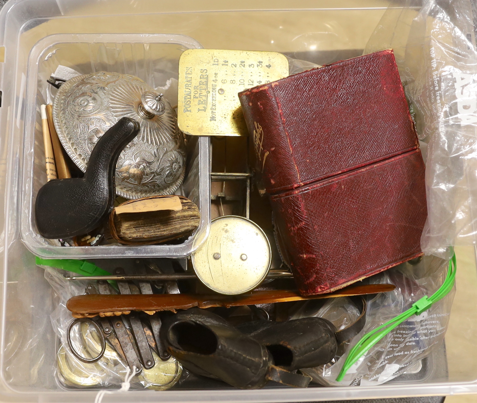 Miscellaneous collectables including a pair of model, shoes in leather, a cased meerschaum smoker’s pipe, brass scales, a corkscrew, a button hook, etc.